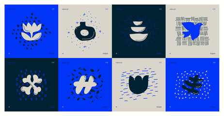 Set of compositions from silhouettes minimalistic bizarre childish abstract unusual shapes and texture in matisse art style, Hand drawn color playful naive geometric forms, vector art set 1 - 779634958