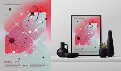 Vector gradient minimalistic rave Poster with strange wireframes graphic assets of geometrical shapes Y2K design inspired by brutalism and mockup in the interior, wall art in red and blue shades - 779634961