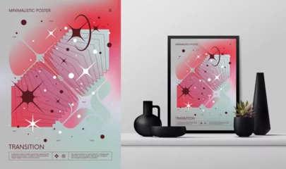 Fotobehang Vector gradient minimalistic rave Poster with strange wireframes graphic assets of geometrical shapes Y2K design inspired by brutalism and mockup in the interior, wall art in red and blue shades © max_776