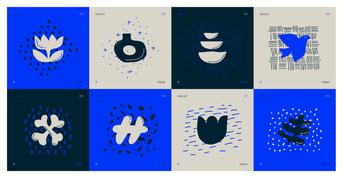 Set of compositions from silhouettes minimalistic bizarre childish abstract unusual shapes and texture in matisse art style, Hand drawn color playful naive geometric forms, vector art set 1