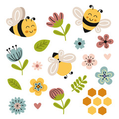 set isolated with cute happy bees, flowers