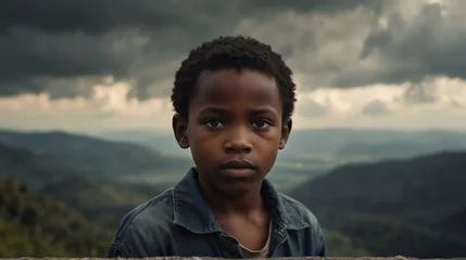 Fototapeten a kid black african boy portrait on top of a mountain with landscape cloudy view looking at camera from Generative AI © SevenThreeSky