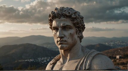 greek god apollo portrait on top of a mountain with landscape cloudy view looking at camera from Generative AI