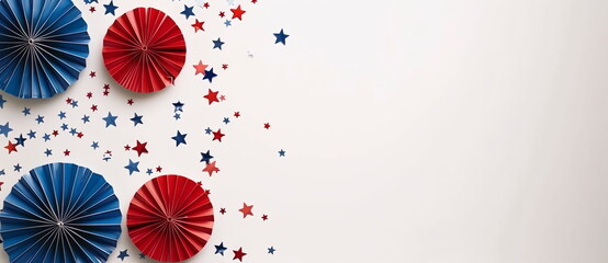 3D red and blue paper fans and stars on white background with copy space. Holiday concept for 4th...