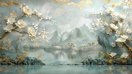 Fototapeten Green white gold carved traditional landscape scene poster background © jinzhen