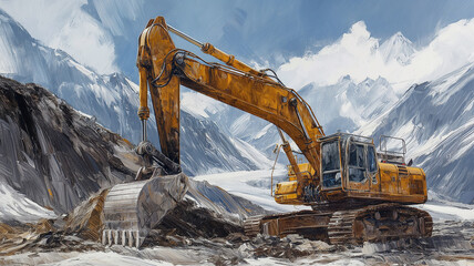 A large yellow excavator is on a snowy mountain - obrazy, fototapety, plakaty