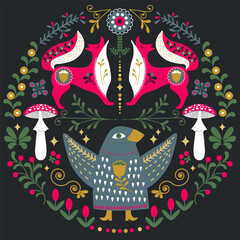 Scandinavian folk art with Crow and Foxes, vector illustration. Symmetrical ornament with different folk composions on black background