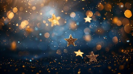 Sparkling gold stars on a dark blue abstract background, perfect for a festive Christmas or New Year's celebration - obrazy, fototapety, plakaty
