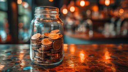 Coin-Filled Jar on Table: A Wealth of Possibilities - obrazy, fototapety, plakaty