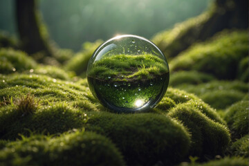 a bubble sphere glass with illuminated vegetation nature growing inside with water, plant, forest, inside sitting on top of a fresh green grass with green forest background