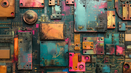 A colorful collage of electronic parts with a mood of nostalgia - obrazy, fototapety, plakaty