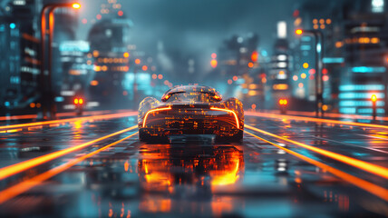 A futuristic car is driving down a wet road in a city