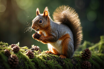 Obraz premium A squirrel with pinecones a bed of vibrant green moss, sunlight filtering through dew drops, spring and summer wallpaper