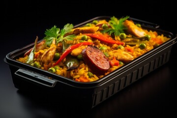 Fototapeta premium Delicious paella in a bento box against a dark background