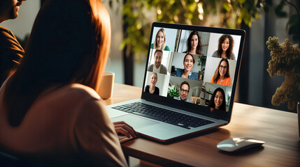 Back view of female employee talk speak on video call on laptop with diverse business people. Online business meeting, video call group of people meeting on virtual workplace or remote office.