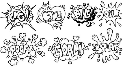 Comic speech bubble collection set. Containing love, goal, bang, and more. Vector illustration