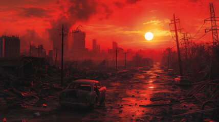 A desolate cityscape with a car in the foreground - obrazy, fototapety, plakaty