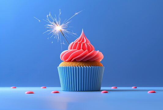 Banner for 4th of July, cupcake with American flag and sparkler. Holiday concept for 4th of July, President's Day, Independence Day, US National Day, Labor Day, Fourth of July