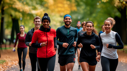 Obraz premium Multinational people running together along the walk path in the park. Marathon people or fitness runners during outdoor workout