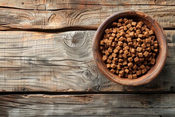 Kibble in bowl on wooden table