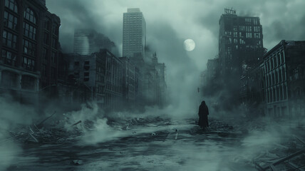 A man walks through a city in the middle of a storm