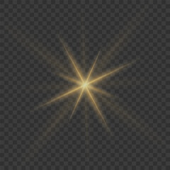 Flare with golden rays of light and magic sparkles. Bright star spark. Abstract yellow rays will raise. Transparent glitter gradient gloss, bright flash. Gold shining sun with sparkle rays. Vector.