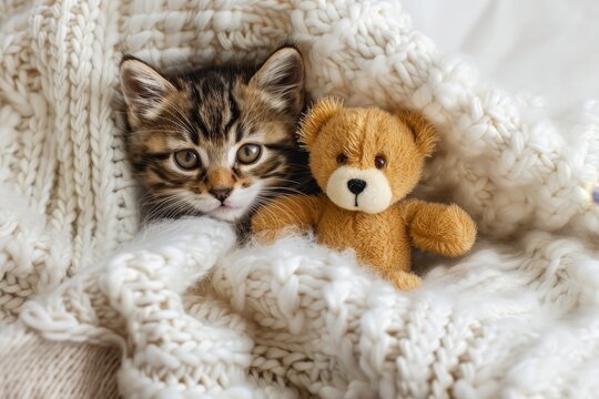 Kitten cuddles toy bear in bed under blanket Top view Room for text