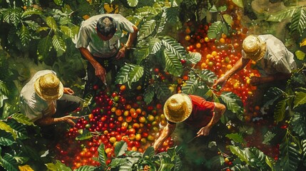 Watercolor Painting of Coffee Bean Harvesting in Lush Plantation