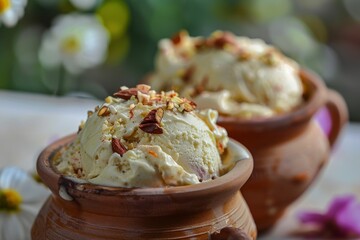 Kulfi ice cream in clay pots a traditional Indian dessert with spices and nuts Two pots on blurry background - obrazy, fototapety, plakaty