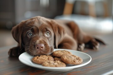 Lab puppy by cookies indoors