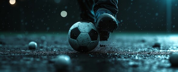 A person kicking a soccer ball on a sports field at night with raindrops falling