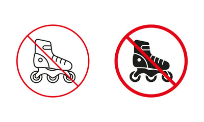 Roller Skating Warning Sign Set. Roller Skate Not Allowed, Prohibit Zone Line and Silhouette Icons. Sports Footwear Red Circle Symbol. No Skating Zone. Isolated Vector Illustration
