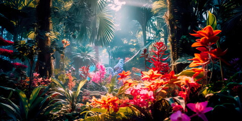Tropical forests intertwined with colorful flowers and plants. Generative AI - obrazy, fototapety, plakaty