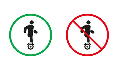 Unicycle Warning Sign Set. Monowheel Allowed and Prohibit, Electric Gyroscooter Icons. Hoverboard, Danger Transport In Red and Green Circle Symbol. Isolated Vector Illustration