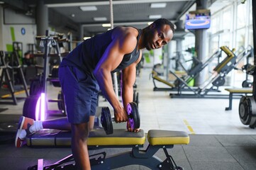 Motivated african american bodybuilder training arms and back muscles with dumbbells at modern gym