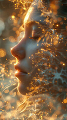 Ethereal Portrait of a Woman Enveloped in a Luminous Network of Light, Symbolizing Interconnectedness