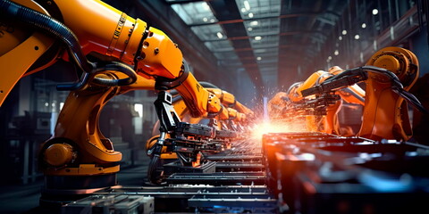 Industrial robots assembling and welding components on a production line. Generative Ai
