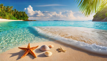 Fototapeta na wymiar Starfish and seashells on the sandy beach of an exotic island