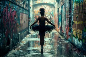 Dance of the Urban Sprite: A Ballerina's Silhouette Centre stage in a Graffiti-Lined Street Awash with Puddles