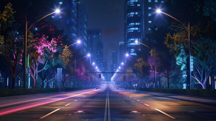 City Street Illuminated by Night Street Lights