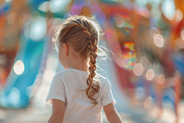 A girl wears a white t-shirt with her back to the camera. Run happily in the amusement park.