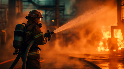 A firefighter is spraying water on a fire
