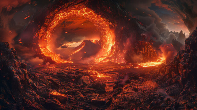 Lava chamber, molten lava rivers, colossal dragon, fearless warrior, volcanic tunnels, epic battle, realistic, spotlight, Motion Blur