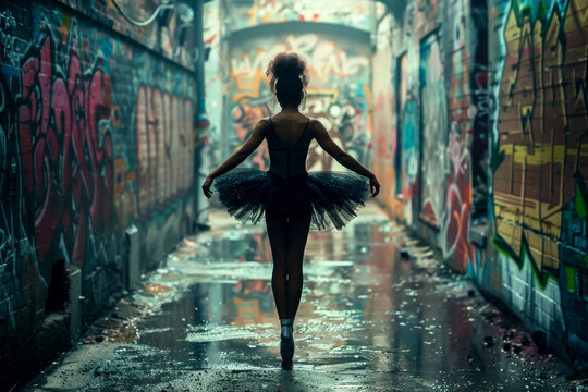 Dance of the Urban Sprite: A Ballerina's Silhouette Centre stage in a Graffiti-Lined Street Awash with Puddles