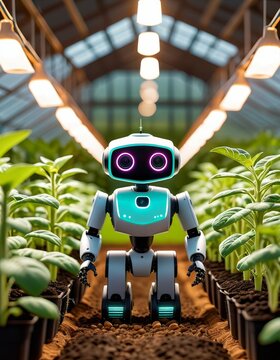 An agriculture robot working in a greenhouse, illustrating the role of technology in enhancing farming efficiency and crop production.. AI Generation