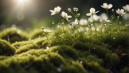 small tiny white grass flower on dew morning spring fresh and green moss summer wallpaper