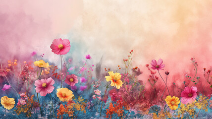 A painting of a field of flowers with a pink and blue background