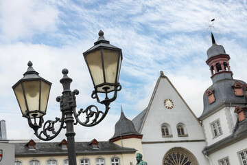 Fototapeta na wymiar Goethe statue in Town Hall square. Koblenz. Rhineland Palatinate. Germany. 