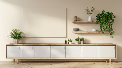 mockup wall in a living room interior with a white cabinet and wooden shelf on an empty blank background