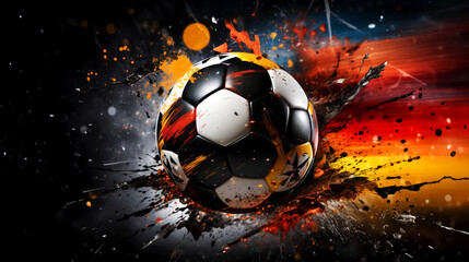 Concept for European football championship in Germany, dynamic energy of a soccer game. A soccer ball hurtles through the air, surrounded by explosive splashes of vibrant paint, intensity and motion